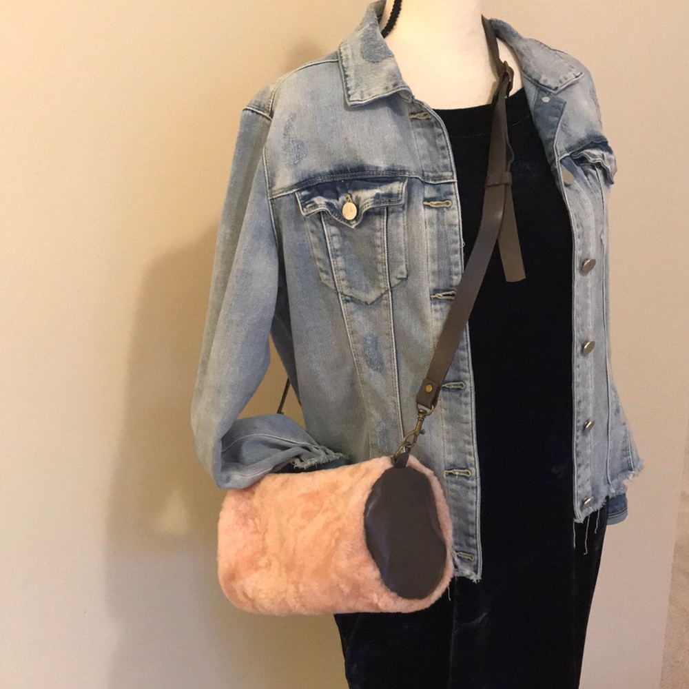 stitch and tickle handmade pink satchel made from shearling w brown leather trim